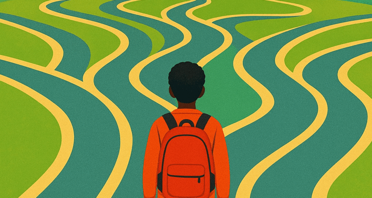 Illustration of a student looking at multiple roads with the sun shining